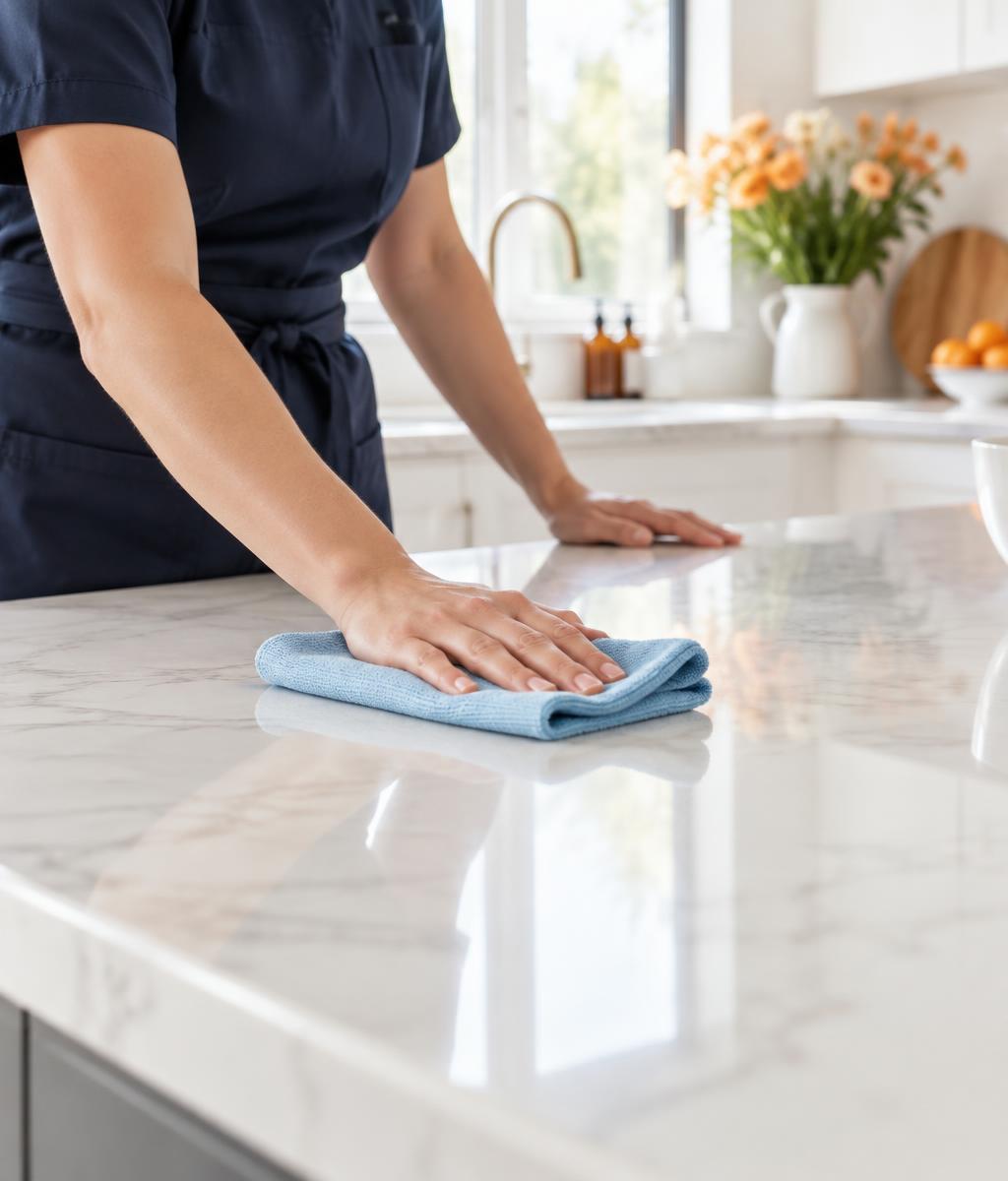 Cleaning professional carefully wiping a bright kitchen countertop